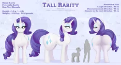 Size: 3000x1618 | Tagged: suggestive, artist:augustbebel, derpibooru import, rarity, human, pony, unicorn, ass, butt, image, png, size chart, size comparison, size difference