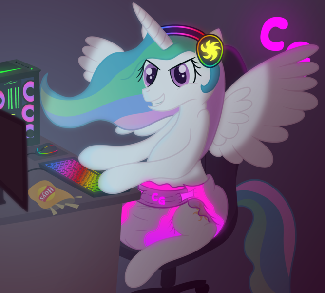 Size: 3200x2880 | Tagged: questionable, artist:sweetielover, derpibooru import, princess celestia, alicorn, mouse, pony, chips, desk, diaper, diaper fetish, female, fetish, food, gamer, glow, hay, headset, high res, image, keyboard, lights, monitor, mousepad, neon, nightime, pc, playing, png, room, solo, spread wings, wings