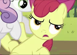 Size: 1011x723 | Tagged: safe, derpibooru import, screencap, apple bloom, sweetie belle, earth pony, cropped, image, on ground, png, solo, solo focus