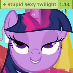 Size: 250x250 | Tagged: safe, derpibooru import, edit, edited screencap, screencap, twilight sparkle, pony, unicorn, derpibooru, season 3, the crystal empire, 1200, bedroom eyes, caption, cropped, female, horny, image, image macro, lidded eyes, looking up, magic, mare, meta, png, smiling, solo, stupid sexy twilight, tags, telekinesis, text, unf, unicorn twilight