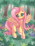 Size: 2550x3300 | Tagged: safe, artist:jo-vee-al, derpibooru import, fluttershy, pegasus, pony, blushing, forest, image, looking at you, png, raised hoof, smiling, smiling at you, spread wings, tree, wings