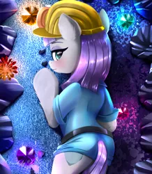 Size: 1772x2029 | Tagged: safe, artist:darksly, derpibooru import, maud pie, earth pony, pony, belt, blushing, body pillow, body pillow design, clothes, commission, cute, diamonds, dress, eyeshadow, female, gem, helmet, image, jpeg, looking at you, makeup, mare, maudabetes, mine, solo