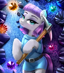 Size: 1772x2029 | Tagged: safe, artist:darksly, derpibooru import, maud pie, earth pony, pony, belt, blushing, body pillow, body pillow design, clothes, commission, cute, diamonds, dress, eyeshadow, female, gem, image, jpeg, looking at you, makeup, mare, maudabetes, mine, pickaxe, solo