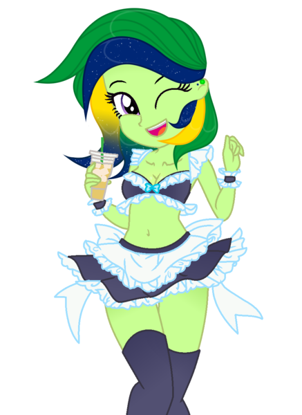 Size: 905x1243 | Tagged: suggestive, alternate version, artist:vizirka, artist:yaya54320bases, derpibooru import, oc, oc:maria potranca, unofficial characters only, equestria girls, base used, belly button, bra, clothes, commission, cute, derpibooru exclusive, drink, drinking straw, equestria girls-ified, female, glasses, ice cube, image, juice, lemonade, maid, midriff, one eye closed, open mouth, png, simple background, skirt, socks, solo, solo female, stockings, thigh highs, transparent background, underwear, wink, ych result