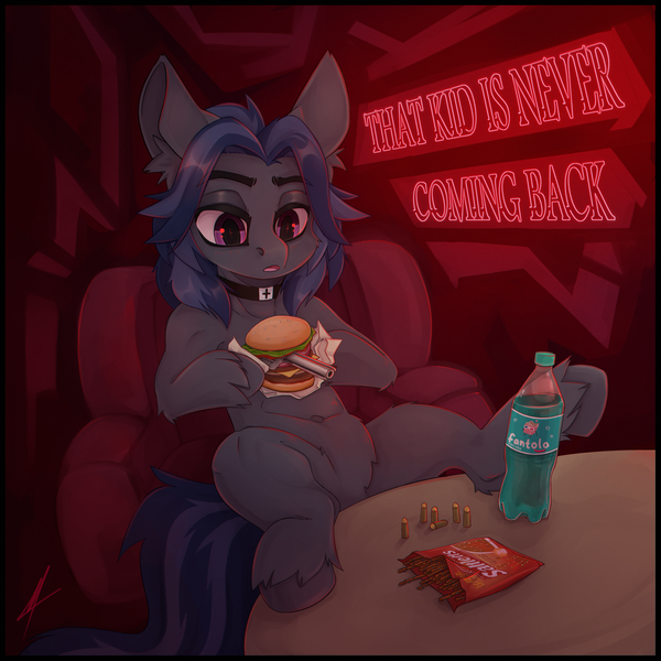 Size: 3050x3050 | Tagged: safe, artist:ivanmidnight, derpibooru import, neon lights, rising star, oc, oc:mattriel, unofficial characters only, birthday, bullet, burger, digital art, food, gun, hamburger, image, png, solo, weapon