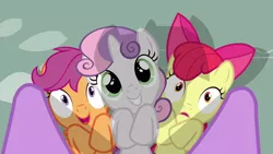 Size: 1280x720 | Tagged: safe, derpibooru import, screencap, apple bloom, scootaloo, sweetie belle, twilight sparkle, earth pony, pegasus, pony, unicorn, hearts and hooves day (episode), season 2, adorabloom, cute, cutealoo, cutie mark crusaders, cutie mark cuties, diasweetes, female, filly, foal, hoof on chest, image, mare, offscreen character, png, smiling, unicorn twilight