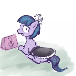 Size: 565x563 | Tagged: safe, artist:nullpotower, derpibooru import, tote bag (character), earth pony, pony, bag, clothes, female, frown, image, looking at you, looking back, looking back at you, maid, mare, png, solo