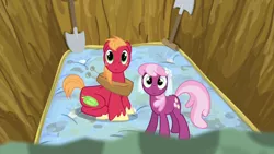 Size: 1280x720 | Tagged: safe, derpibooru import, screencap, big macintosh, cheerilee, earth pony, pony, hearts and hooves day (episode), season 2, cheeribetes, cheerimac, confused, cute, duo, female, image, looking at you, macabetes, male, mare, png, shipping, shovel, sitting, stallion, staring into your soul, straight