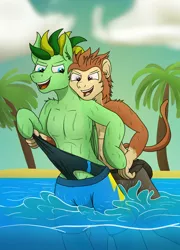 Size: 3608x5000 | Tagged: suggestive, artist:tacomytaco, derpibooru import, oc, oc:sorn, oc:taco.m.tacoson, unofficial characters only, monkey, pegasus, beach, clothes, frontal wedgie, image, male, males only, png, shorts, smiling, speedo, splash, underwear, water, wedgie, wet