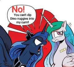 Size: 240x218 | Tagged: questionable, derpibooru import, edit, princess celestia, princess luna, alicorn, spoiler:comic, image, implied cum, implied dino nuggies, jpeg, luna is not amused, text edit, unamused