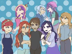 Size: 2048x1536 | Tagged: safe, artist:metaruscarlet, derpibooru import, pear butter, princess cadance, rarity, starlight glimmer, sunset shimmer, torque wrench, trixie, oc, oc:doodles, human, beanie, belt, bracelet, canon x oc, clothes, crown, dark skin, dress, female, hat, hoodie, hug, humanized, image, infidelity, jacket, jeans, jewelry, leather jacket, lesbian, open mouth, overalls, pants, png, polyamory, regalia, shirt, skirt, t-shirt, vest