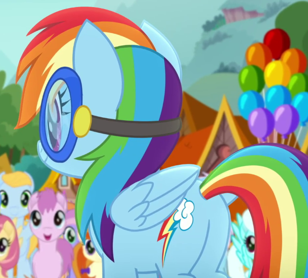 Size: 609x550 | Tagged: safe, derpibooru import, screencap, rainbow dash, earth pony, pegasus, pony, rainbow roadtrip, butt, cropped, female, goggles, image, male, mare, plot, png, rainbutt dash, stallion