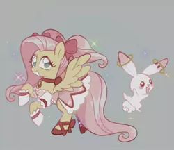 Size: 1005x869 | Tagged: safe, artist:tabbytoyger, derpibooru import, angel bunny, fluttershy, pegasus, pony, rabbit, animal, anime, bow, clothes, cosplay, costume, dress, female, gray background, grin, image, incubator (species), jpeg, kyubey, madoka kaname, magical girl, male, mare, open mouth, open smile, pigtails, puella magi madoka magica, raised hoof, ribbon, shoes, simple background, smiling, sparkles, spread wings, twintails, wings