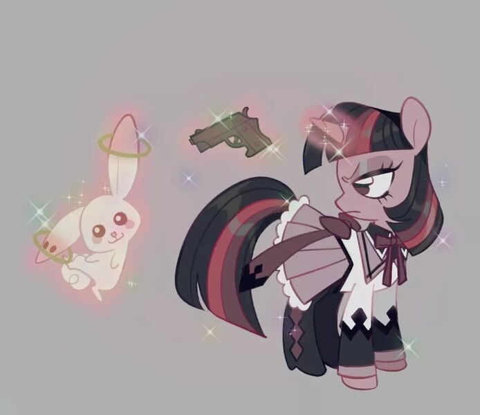 Size: 1005x869 | Tagged: safe, artist:tabbytoyger, derpibooru import, angel bunny, twilight sparkle, pony, rabbit, unicorn, animal, anime, boots, clothes, cosplay, costume, female, gray background, gun, handgun, homura akemi, image, incubator (species), jpeg, kyubey, levitation, magic, magic aura, magical girl, male, mare, pistol, puella magi madoka magica, shoes, simple background, skirt, sparkles, telekinesis, unicorn twilight, weapon