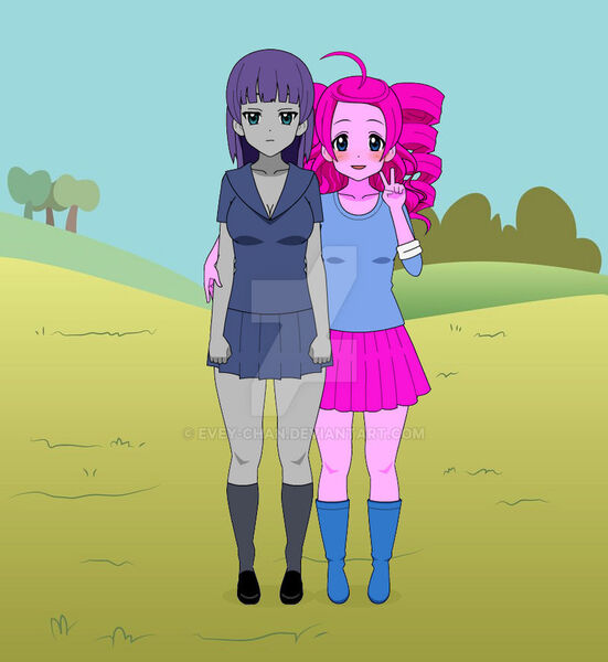 Size: 800x871 | Tagged: safe, derpibooru import, maud pie, pinkie pie, human, equestria girls, boots, clothes, high heel boots, humanized, image, jpeg, kisekae, shirt, shoes, simple background, skirt, socks, solo, transparent background