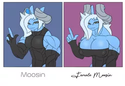 Size: 2324x1600 | Tagged: suggestive, artist:mopyr, derpibooru import, oc, oc:moosin, unofficial characters only, anthro, original species, big breasts, breasts, clothes, erect nipples, evening gloves, female, gloves, horn, image, long gloves, male, muscles, muscular female, muscular femboy, muscular male, nipple outline, png, rule 63, skintight clothes