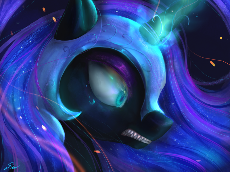 Size: 2224x1668 | Tagged: safe, artist:midna77, derpibooru import, nightmare moon, alicorn, pony, blue eyes, blue mane, colored pupils, crying, digital art, ethereal mane, female, flowing mane, glow, glowing horn, helmet, horn, image, magic, mare, night, png, punishment, scared, signature, solo, starry mane, teary eyes, teeth