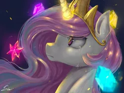 Size: 2224x1668 | Tagged: safe, artist:midna77, derpibooru import, princess celestia, alicorn, pony, crown, crying, digital art, element of generosity, element of honesty, element of kindness, element of laughter, element of loyalty, element of magic, elements of harmony, female, gem, glow, glowing horn, horn, image, jewelry, jpeg, looking up, magic, mare, night, pink eyes, pink-mane celestia, punishment, regalia, sad, signature, solo, teary eyes