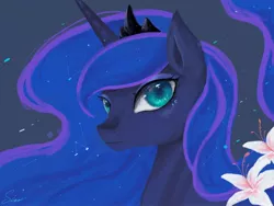 Size: 2224x1668 | Tagged: safe, artist:midna77, derpibooru import, princess luna, alicorn, pony, blue eyes, blue mane, colored pupils, constellation, crown, digital art, ethereal mane, female, flower, flowing mane, gray background, horn, image, jewelry, jpeg, mare, regalia, signature, simple background, solo, starry mane