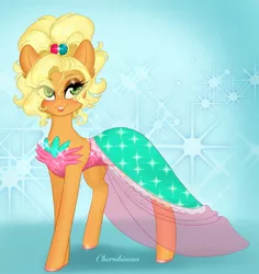 Size: 1931x2048 | Tagged: safe, artist:cherubisous, derpibooru import, applejack, earth pony, pony, alternate hairstyle, applejewel, bedroom eyes, clothes, dress, eye clipping through hair, eyeshadow, female, image, jpeg, makeup, mare, smiling, solo, sparkly background
