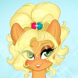 Size: 1020x1015 | Tagged: safe, artist:cherubisous, derpibooru import, applejack, earth pony, pony, alternate hairstyle, applejewel, bedroom eyes, bust, close-up, eye clipping through hair, eyeshadow, female, image, jpeg, makeup, mare, smiling, solo, sparkly background