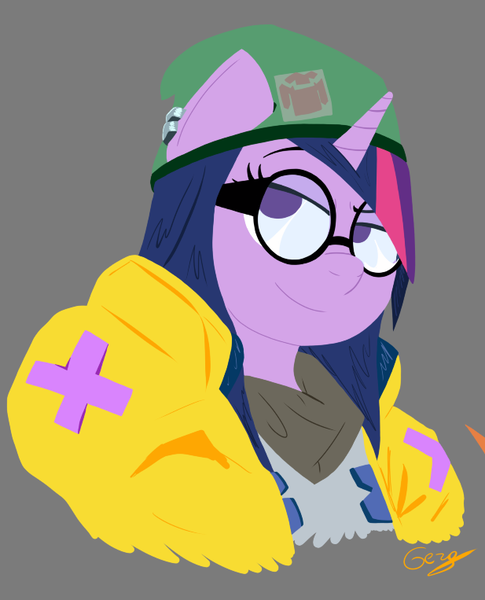 Size: 617x763 | Tagged: safe, artist:realgero, derpibooru import, twilight sparkle, anthro, unicorn, alternate hairstyle, clothes, glasses, gray background, hat, image, jacket, png, simple background, valorant, video game crossover, video game reference