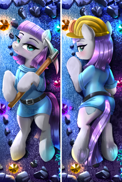 Size: 2500x3712 | Tagged: safe, artist:darksly, derpibooru import, maud pie, earth pony, pony, belt, blushing, body pillow, body pillow design, butt, clothes, cute, diamonds, dress, eyeshadow, female, frog (hoof), gem, helmet, high res, image, looking at you, makeup, mare, maudabetes, mine, pickaxe, plot, png, solo, underhoof
