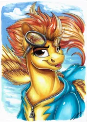 Size: 2481x3490 | Tagged: safe, artist:lupiarts, derpibooru import, spitfire, artwork, bust, clothes, drawing, flying, goggles, image, jpeg, portrait, sky, spread wings, traditional art, training, uniform, wings, wonderbolts, wonderbolts dress uniform, wonderbolts uniform