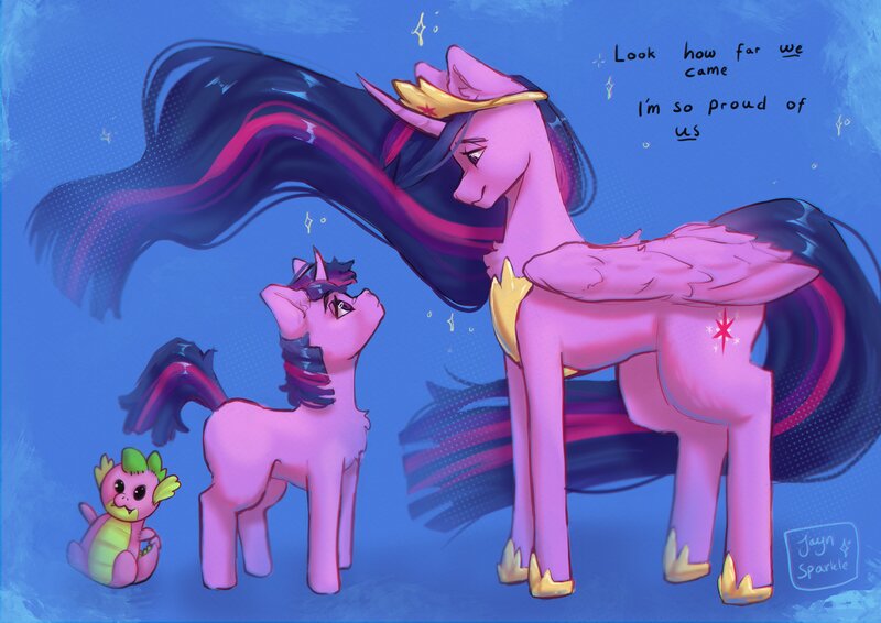 Size: 4096x2896 | Tagged: safe, artist:jaynsparkle, derpibooru import, princess twilight 2.0, spike, twilight sparkle, twilight sparkle (alicorn), alicorn, pony, unicorn, the last problem, blank flank, blue background, female, filly, filly twilight sparkle, foal, height difference, image, jpeg, looking at each other, looking at someone, mare, older, older twilight, plushie, self paradox, simple background, time paradox, unicorn twilight, younger