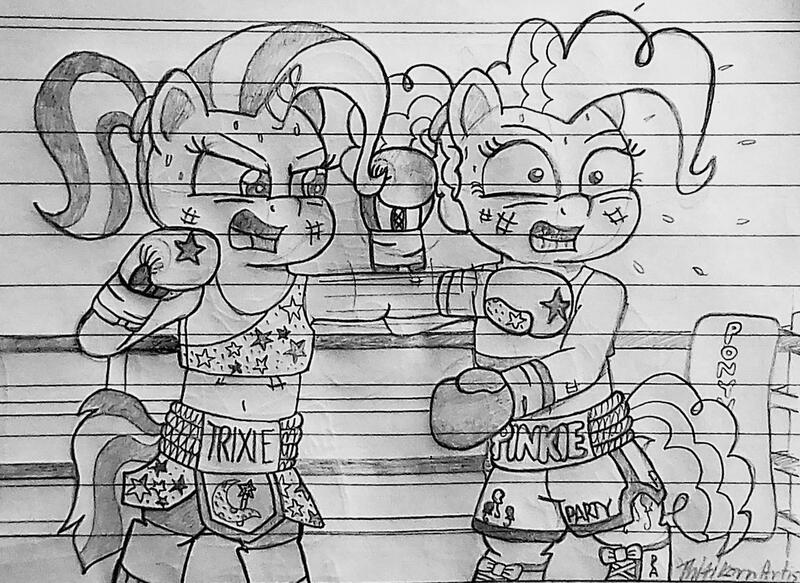 Size: 1280x933 | Tagged: safe, artist:ct1443ae, derpibooru import, pinkie pie, trixie, earth pony, semi-anthro, unicorn, boxing, boxing gloves, boxing ring, duo, gritted teeth, image, jpeg, lined paper, mouth guard, open mouth, pencil drawing, punch, sports, teeth, traditional art