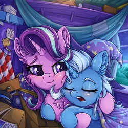 Size: 2200x2200 | Tagged: safe, artist:zeepheru_pone, derpibooru import, starlight glimmer, trixie, pony, unicorn, blushing, box, cape, cheek fluff, clothes, curtains, cute, diatrixes, duo, duo female, ear fluff, female, glimmerbetes, hammock, hat, high res, hug, image, lesbian, looking at someone, mare, moonlight, mug, night, open mouth, paper, png, poster, shipping, signature, sleeping, smiling, startrix, sticky note, tape, trixie's cape, trixie's hat, trixie's wagon, wagon, window