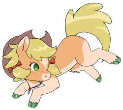 Size: 3589x3221 | Tagged: safe, artist:jell-ofish101, part of a set, applejack, earth pony, pony, alternate design, alternate hairstyle, applejack's hat, bow, bucking, cloven hooves, coat markings, colored eartips, colored hooves, cowboy hat, female, freckles, green eyes, hair bow, hat, image, mare, pale belly, pigtails, png, redesign, simple background, solo, star (coat marking), transparent background, twitterina design