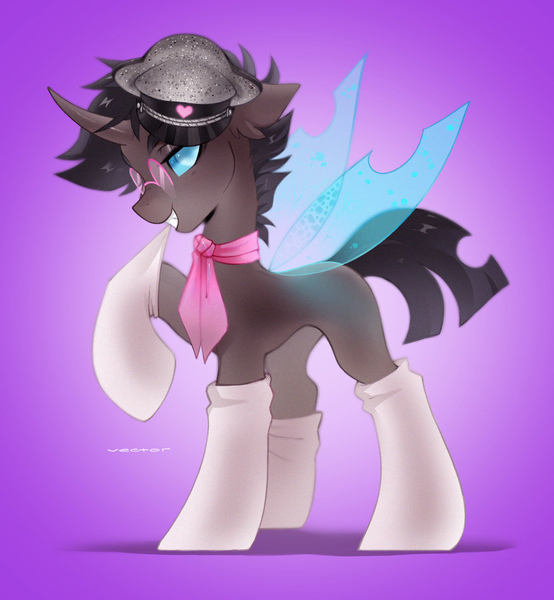 Size: 1891x2048 | Tagged: safe, alternate version, artist:zlatavector, derpibooru import, oc, oc:rosie clockwork, changeling, pony, changeling oc, clothes, commission, glasses, image, jpeg, male, outfit, scarf, socks, solo, stallion