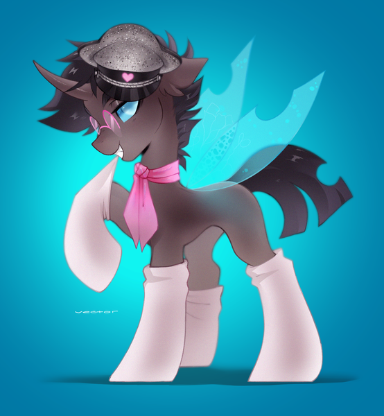 Size: 1920x2079 | Tagged: safe, alternate version, artist:zlatavector, derpibooru import, oc, oc:rosie clockwork, changeling, pony, changeling oc, clothes, commission, glasses, hat, image, male, png, scarf, socks, solo, stallion