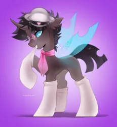 Size: 1920x2079 | Tagged: safe, alternate version, artist:zlatavector, derpibooru import, oc, oc:rosie clockwork, changeling, pony, changeling oc, clothes, commission, glasses, hat, image, male, png, scarf, socks, solo, stallion