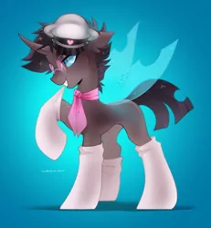 Size: 1920x2079 | Tagged: safe, alternate version, artist:zlatavector, derpibooru import, oc, oc:rosie clockwork, unofficial characters only, changeling, pony, changeling oc, clothes, commission, glasses, hat, image, male, png, scarf, socks, solo, stallion