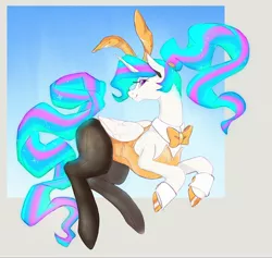 Size: 2048x1938 | Tagged: safe, artist:rirurirue, princess celestia, alicorn, pony, alternate hairstyle, bunny ears, bunny suit, clothes, female, horn, image, jpeg, mare, pretty, solo, stockings, thigh highs, wings