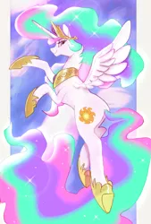 Size: 4049x6000 | Tagged: safe, artist:rirurirue, princess celestia, alicorn, pony, absurd resolution, crown, ethereal mane, ethereal tail, female, flying, hoof shoes, horn, image, jewelry, jpeg, looking at you, looking back, looking back at you, mare, peytral, regalia, smiling, solo, spread wings, wings
