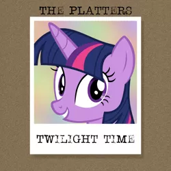 Size: 5000x5000 | Tagged: safe, artist:poniesmemes, derpibooru import, twilight sparkle, twilight sparkle (alicorn), alicorn, pony, absurd resolution, album cover, album parody, brown background, image, png, polaroid, simple background, solo, text