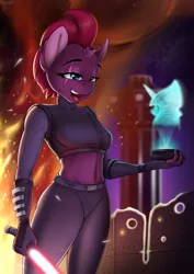 Size: 2480x3508 | Tagged: safe, artist:felixf, derpibooru import, tempest shadow, anthro, unicorn, commission, female, fire, hologram, image, jpeg, lightsaber, midriff, sith, star wars, sword, weapon, ych result