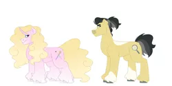 Size: 1280x640 | Tagged: safe, artist:itstechtock, derpibooru import, oc, oc:dig site, oc:touch up, unofficial characters only, earth pony, pony, unicorn, female, image, jpeg, mare, offspring, parent:daring do, parent:doctor caballeron, parent:prince blueblood, parent:suri polomare, parents:daballeron, simple background, white background