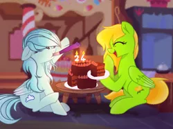 Size: 800x595 | Tagged: safe, artist:itzfluttershy25, derpibooru import, oc, oc:fleetish, oc:lemon green, unofficial characters only, pegasus, birthday, cake, candle, duo, duo female, female, food, image, pegasus oc, png, wings