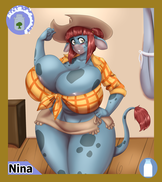 Size: 2030x2279 | Tagged: questionable, artist:blues64, artist:marauder6272, derpibooru import, oc, oc:nina, unofficial characters only, anthro, cow, series:bountyverse, big breasts, biography, breasts, card, clothes, commission, cowboy hat, desk, front knot midriff, hat, huge breasts, image, impossibly large breasts, logo, midriff, milk bottle, nature's bounty employee card, office, png, thicc thighs