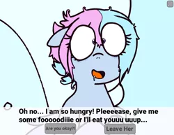 Size: 932x720 | Tagged: safe, artist:shinningblossom12, derpibooru import, edit, oc, oc:shinning blossom, unofficial characters only, pegasus, pony, banned from equestria daily, dialogue, door, drool, female, floppy ears, hungry, image, imminent vore, insanity, mare, messy mane, png, shrunken pupils, smiling, spread wings, starving, style emulation, text, wings