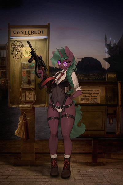 Size: 1329x1992 | Tagged: safe, artist:dogs, derpibooru import, oc, anthro, unicorn, belts, braid, canterlot castle, city, clothes, collage, derpibooru exclusive, glasses, gun, image, jpeg, necktie, panties, phone, photoshop, rifle, scenery, steyr aug, straps, sunglasses, underwear, vest, weapon