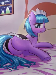 Size: 1200x1600 | Tagged: suggestive, artist:phoenixperegrine, derpibooru import, tote bag (character), earth pony, pony, bed, blank flank, blushing, butt, clothes, commission, female, image, jpeg, looking at you, looking back, lying down, maid, mare, night, open mouth, plot, solo, solo female, underhoof, window