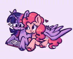 Size: 640x518 | Tagged: safe, artist:yumochiix, derpibooru import, pinkie pie, twilight sparkle, twilight sparkle (alicorn), alicorn, earth pony, pony, book, duo, female, glasses, heart, image, lesbian, lying down, mare, png, reading, shipping, sitting, smiling, sparkles, spread wings, twinkie, unshorn fetlocks, wings