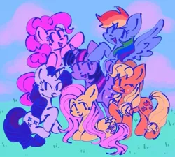 Size: 567x511 | Tagged: safe, artist:yumochiix, derpibooru import, applejack, fluttershy, pinkie pie, rainbow dash, rarity, twilight sparkle, twilight sparkle (alicorn), alicorn, earth pony, pegasus, pony, unicorn, applejack's hat, cloud, cowboy hat, female, grass, hat, image, jpeg, looking at you, lying down, mane six, mane six opening poses, mare, raised hoof, raised leg, simple background, sitting, spread wings, wings