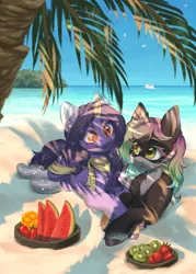 Size: 3000x4192 | Tagged: safe, artist:amishy, artist:helemaranth, derpibooru import, oc, oc:baja blast, oc:urania, unofficial characters only, hinny, hybrid, pony, unicorn, beach, boat, dappled sunlight, duo, food, fruit, image, long mane, ocean, palm tree, pineapple, png, short tail, tail, tree, water, watermelon