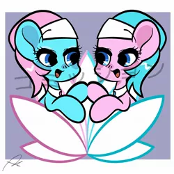 Size: 2048x2048 | Tagged: safe, artist:oc_ponys, derpibooru import, aloe, lotus blossom, earth pony, pony, commission, image, japanese, jpeg, looking at each other, looking at someone, moon runes, siblings, simple background, spa twins, watermark, white background
